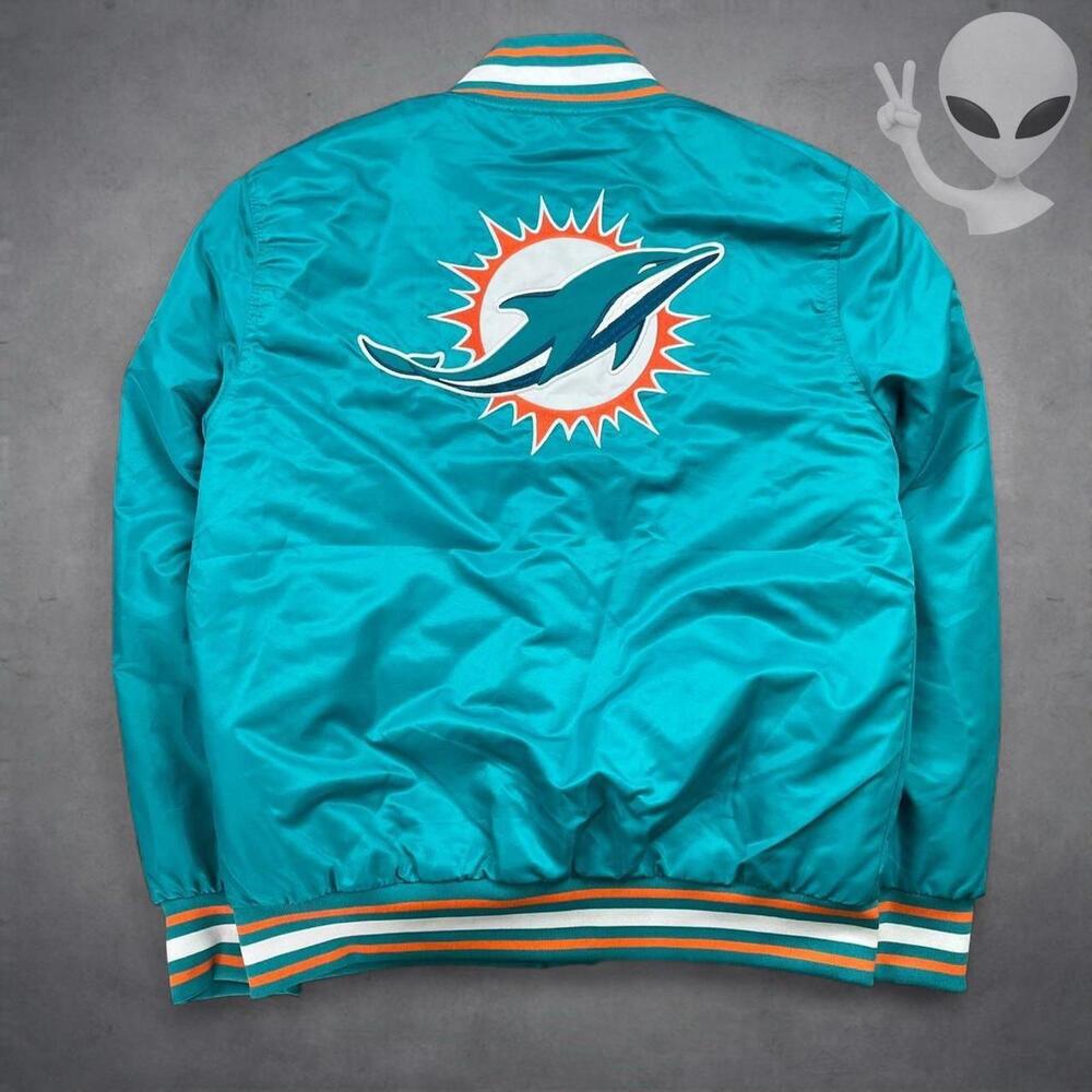 Vintage Starter Miami Dolphins Satin Bomber Jacket Mens Small NFL Aqua Orange - Picture 7 of 8